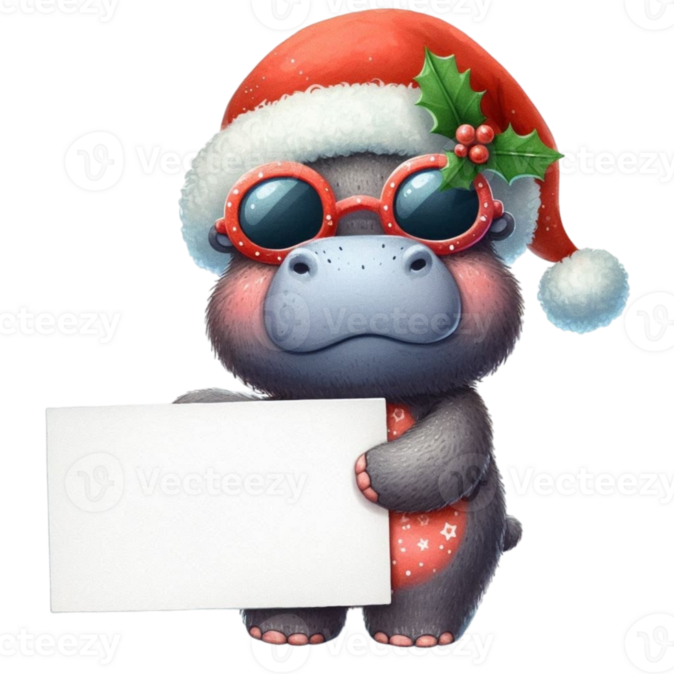 Hippo in santa hat holding a blank sign png