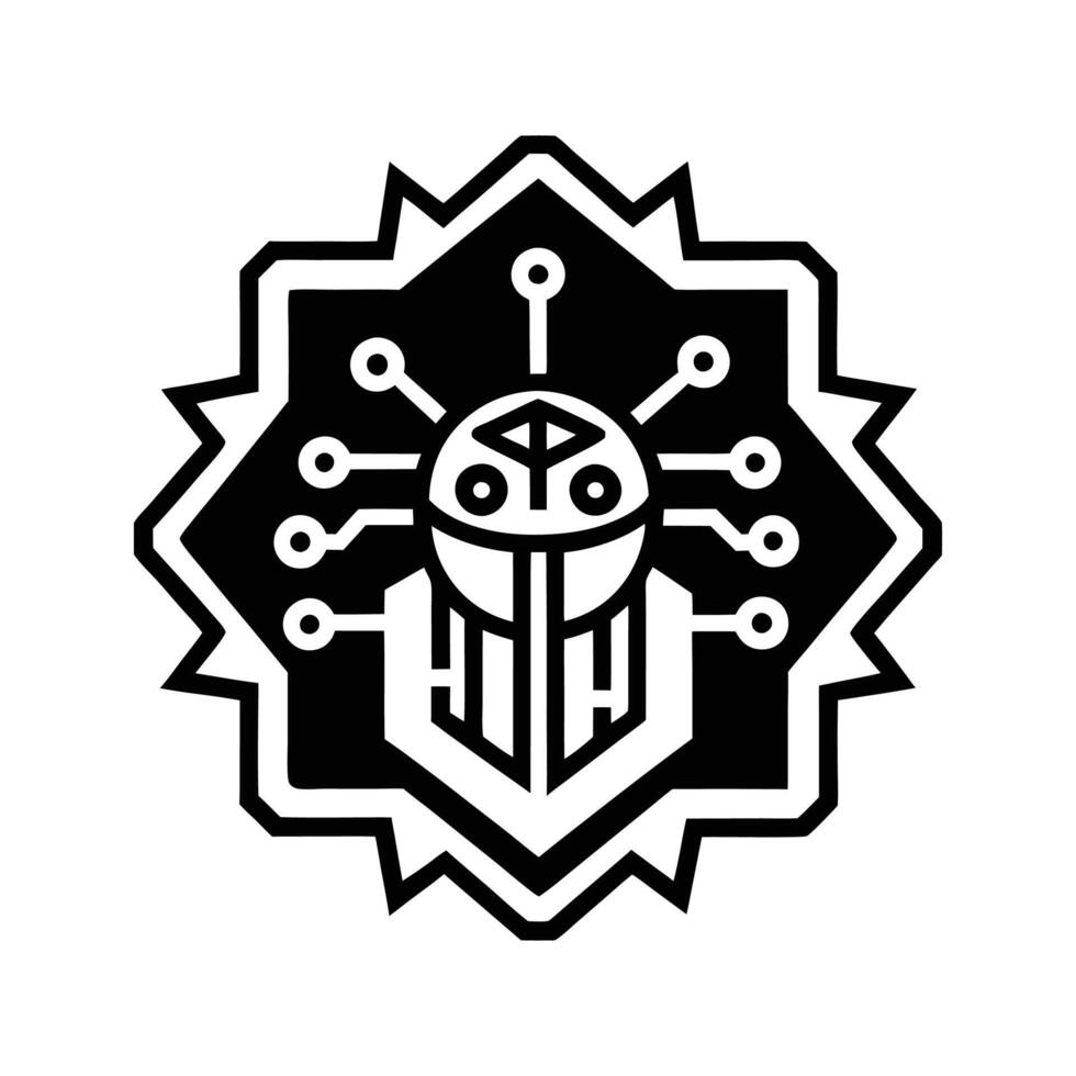 A black and white logo with a robot on it vector
