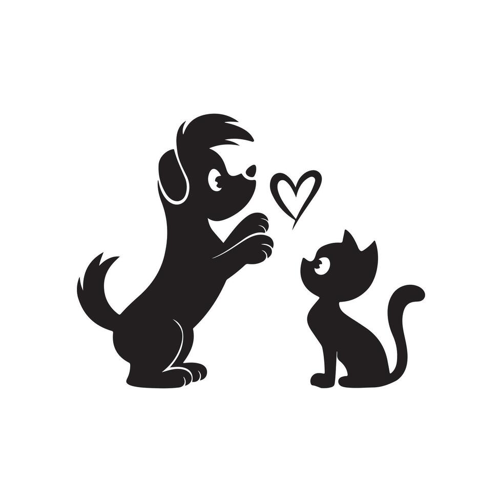 A black and white silhouette of a cat and dog with a heart vector