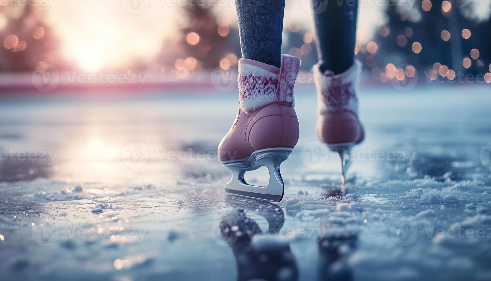 A pair of legs are ice skating on a frozen lake and reflection surface photo