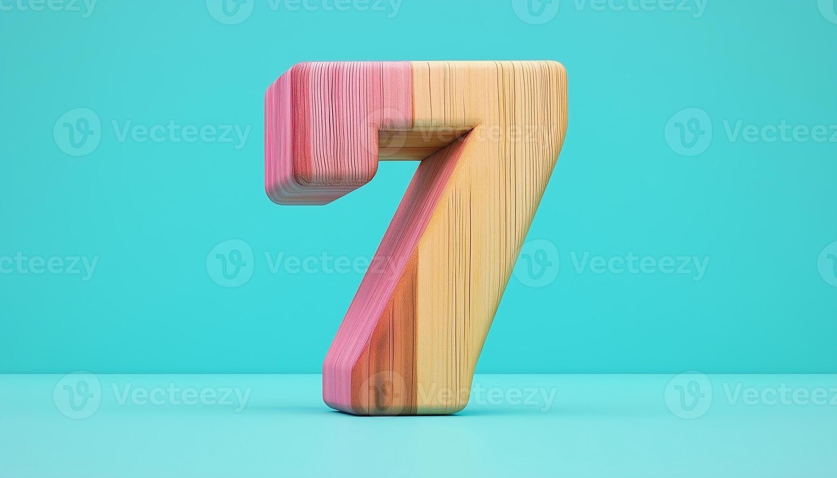 Shape number 7 made from pieces wooden textured in pastel background photo