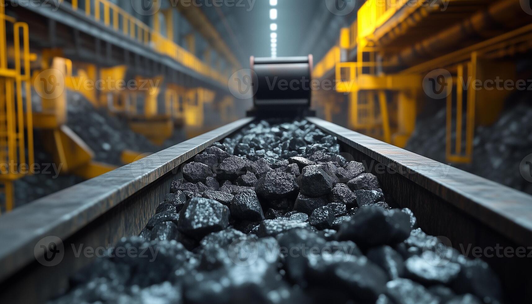 Coal rocks in conveyor bel moving transport ore material in mining industry photo