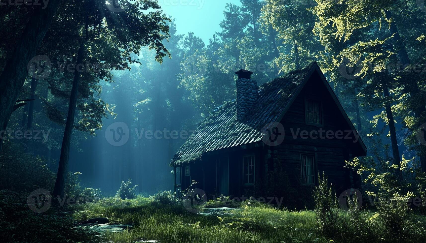 Dark house villa in forest scary mystery building blue dramatic effect photo