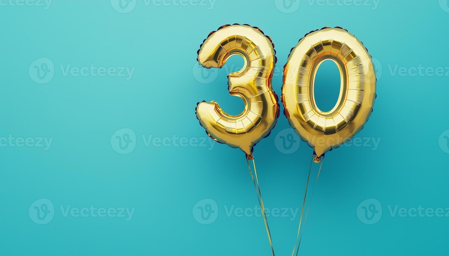 Number 30 Gold balloon metallic shiny copy space isolated blue background photo