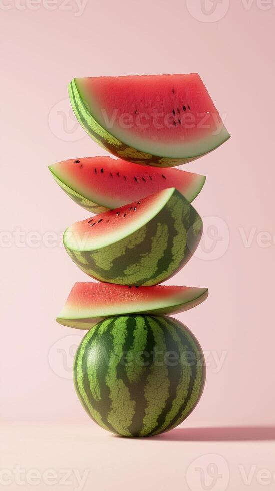 A stack of watermelon fruit balancing on top with solid background photo