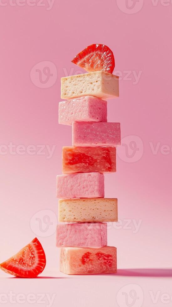 A stack of pie cake snack vertical balancing with solid background photo