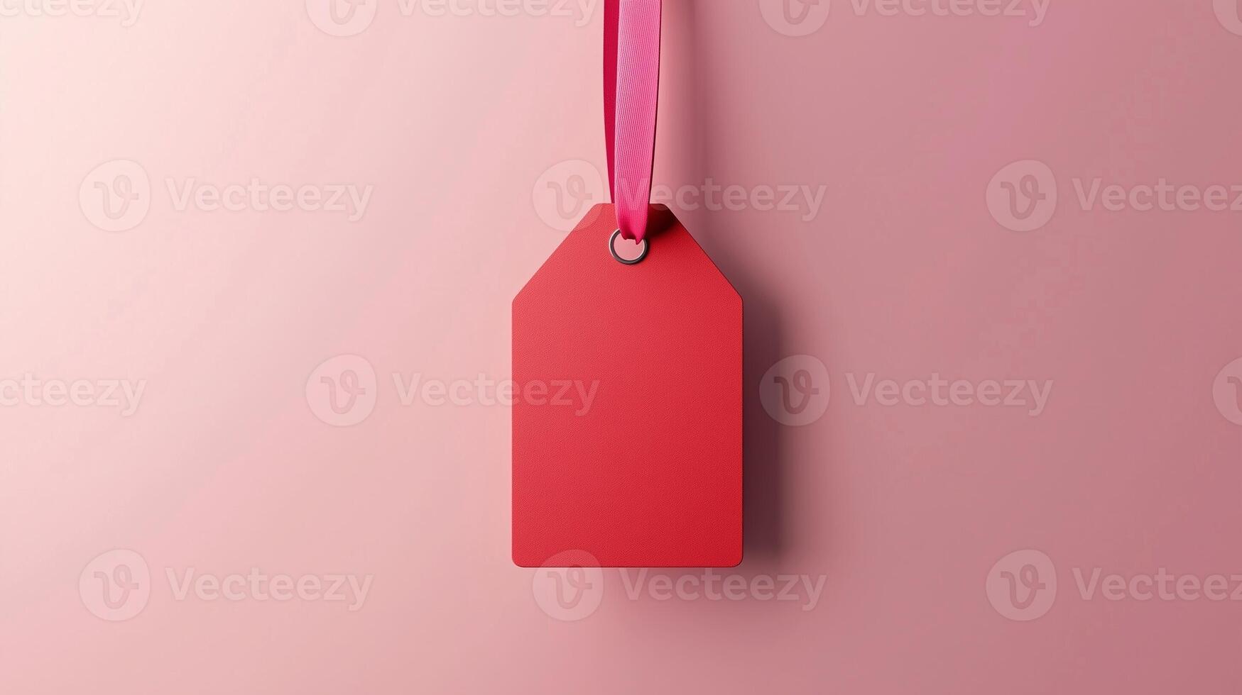 Paper price tag label red brand name with rope on solid background photo
