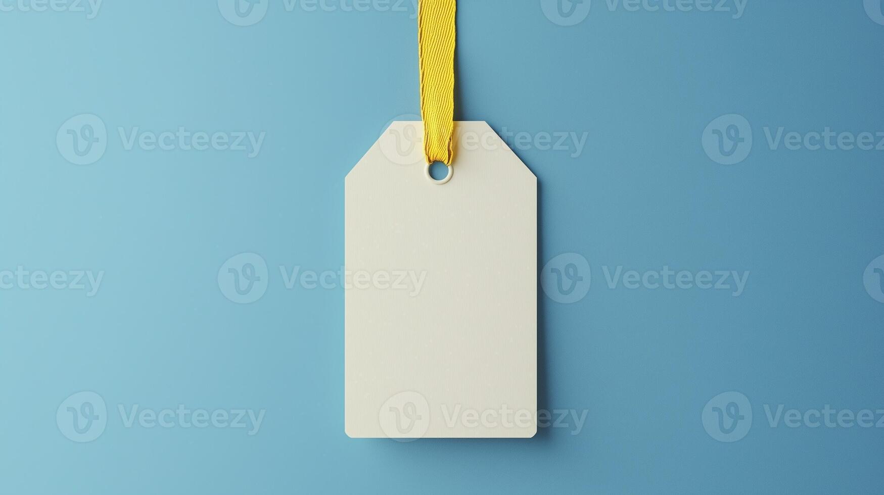 Paper price tag label white brand name with rope on solid blue background photo