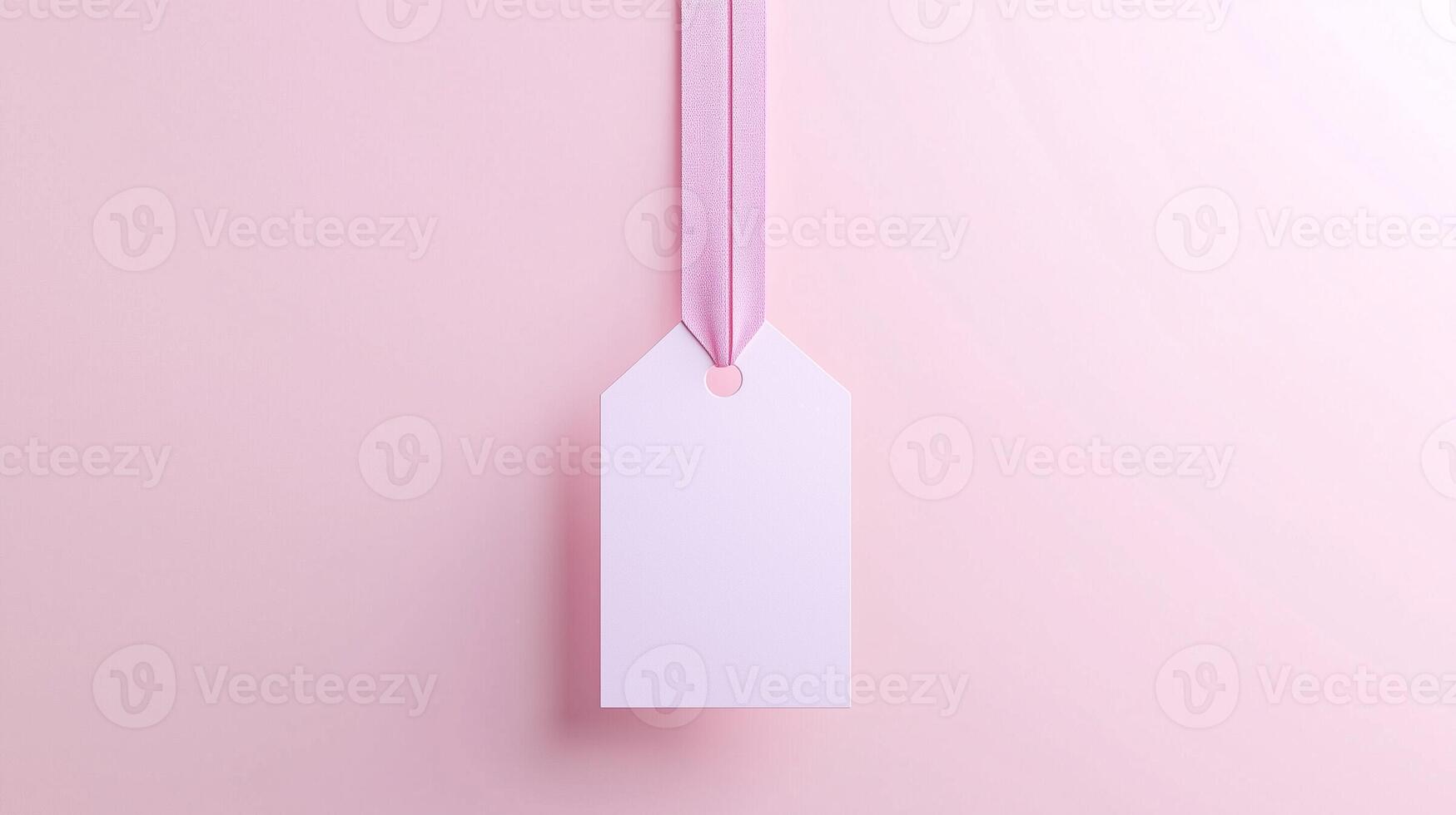 Paper price tag label white brand name with rope on solid pink background photo