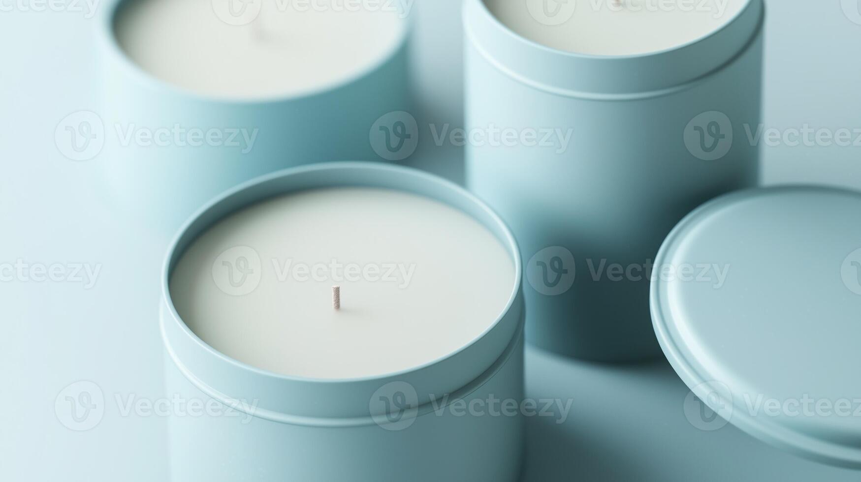 Tin candle minimalist mockup cylindrical container blue matte and shadow light wall photo