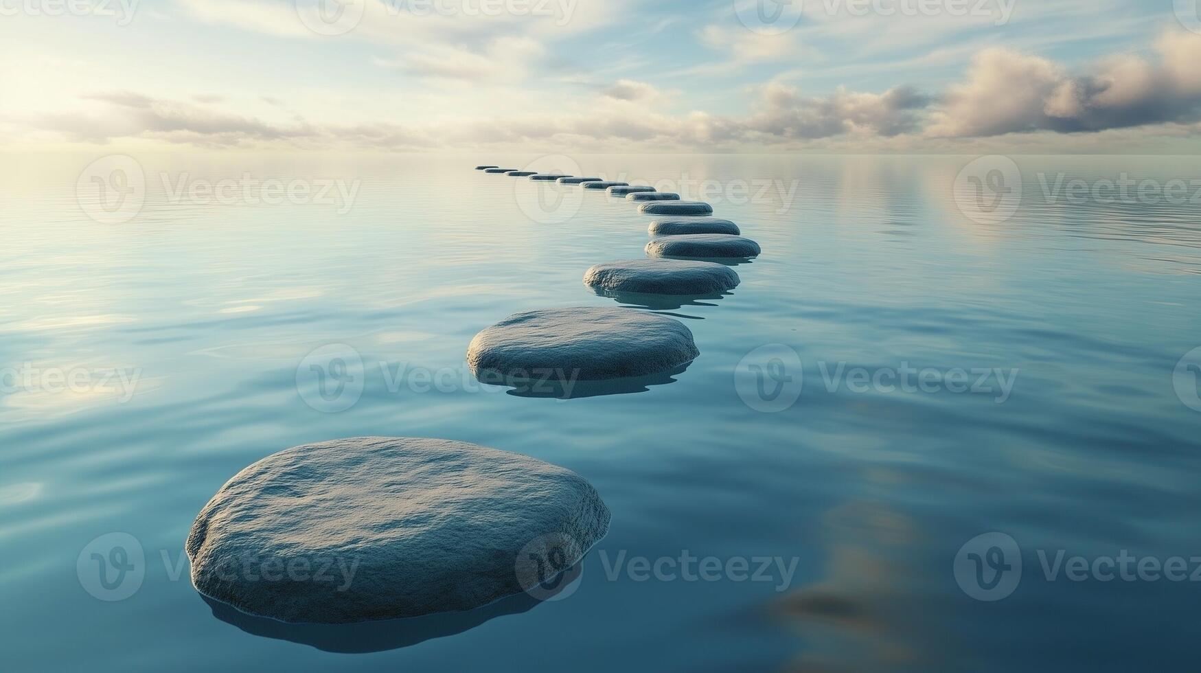 Stepping grey stones with texture forwarding in beach sand and ocean water with bright sky photo