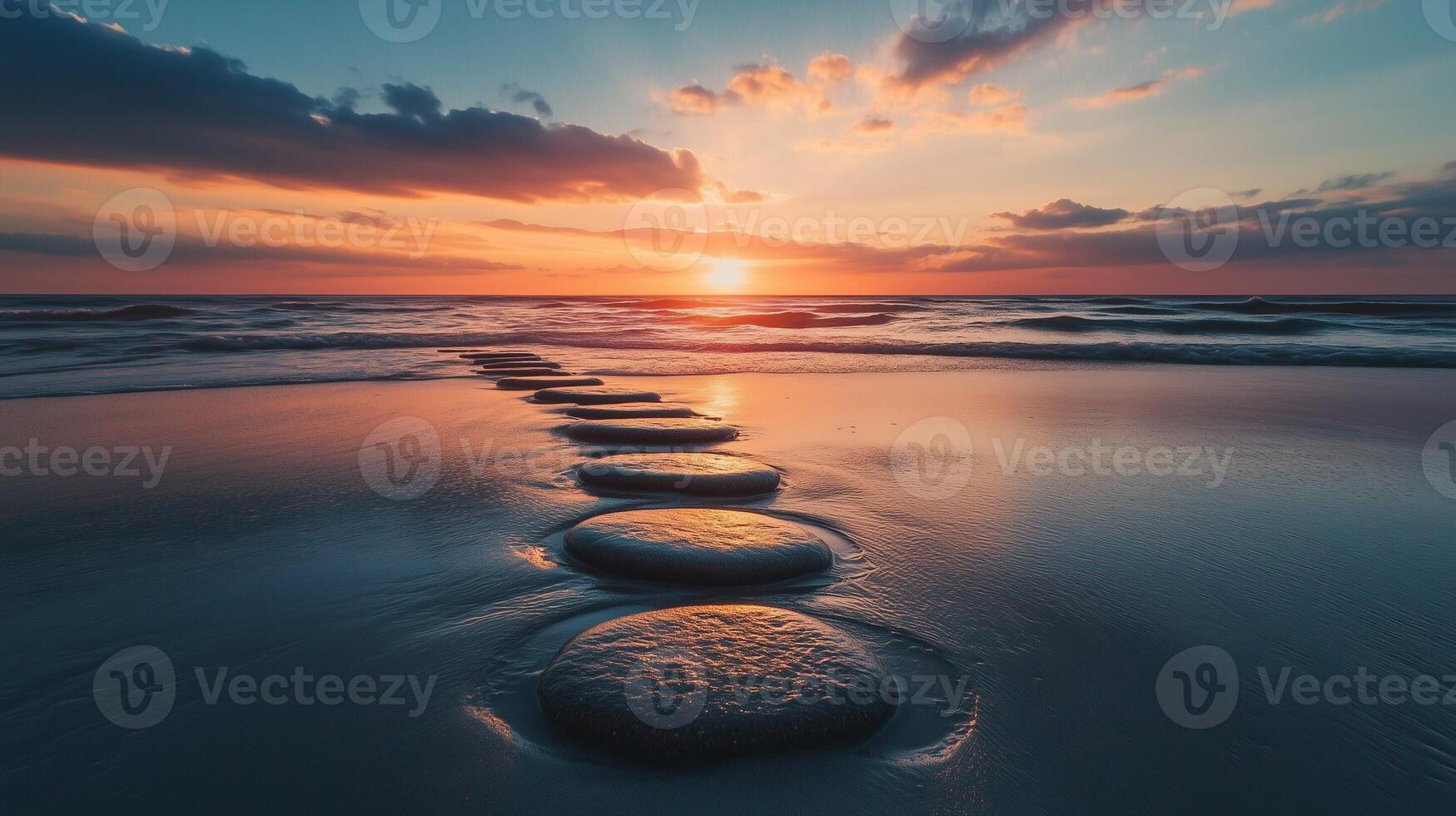 Stepping grey stones with texture forwarding in beach sand and ocean water with sunset sky photo