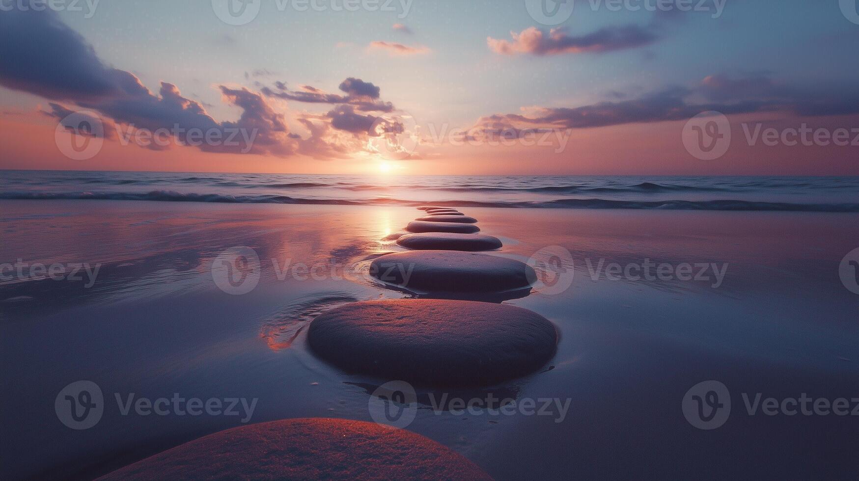 Stepping grey stones with texture forwarding in beach sand and ocean water with sunset sky photo