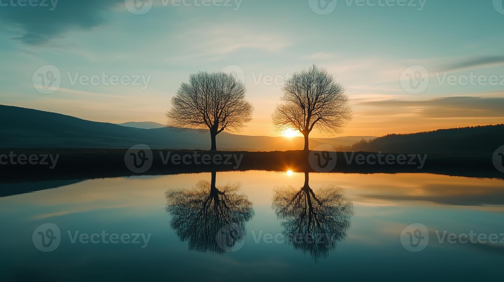 Trees silhouette at golden sunset and reflection shadow on water in beach photo