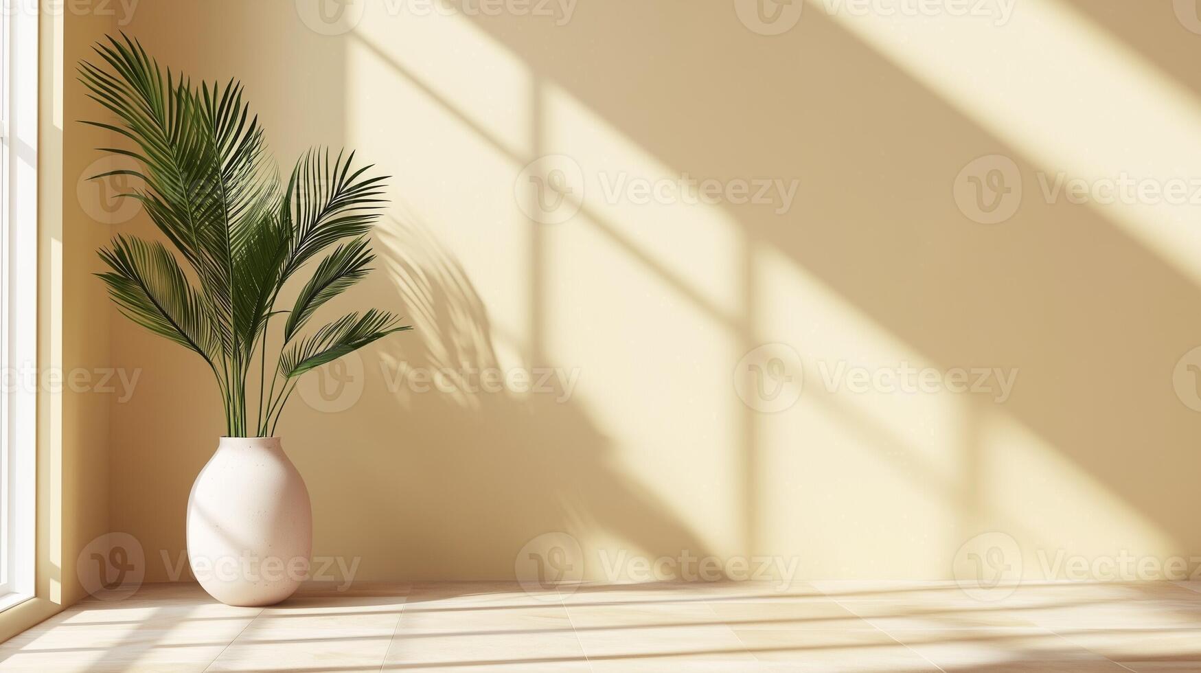 Earth tone wall cement blank with sun bright shadow from window and palm tree photo