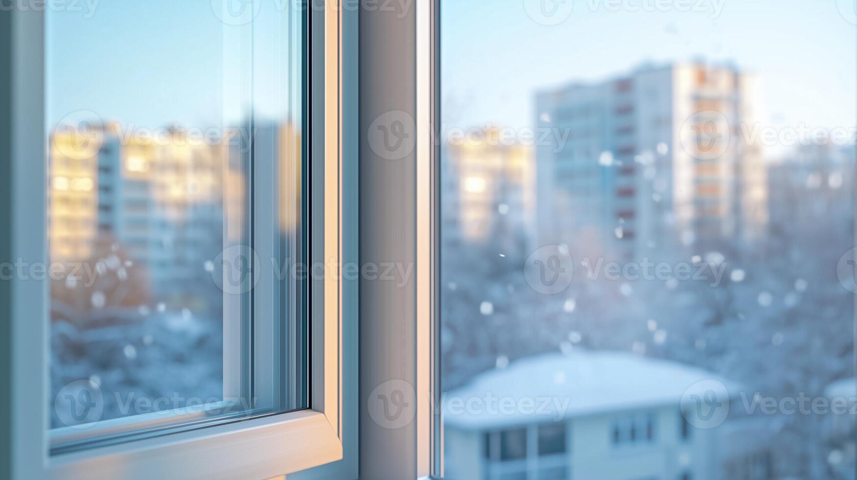 Glass window winter view corner metal frame with plant in outdoor with sun bright modern architecture photo