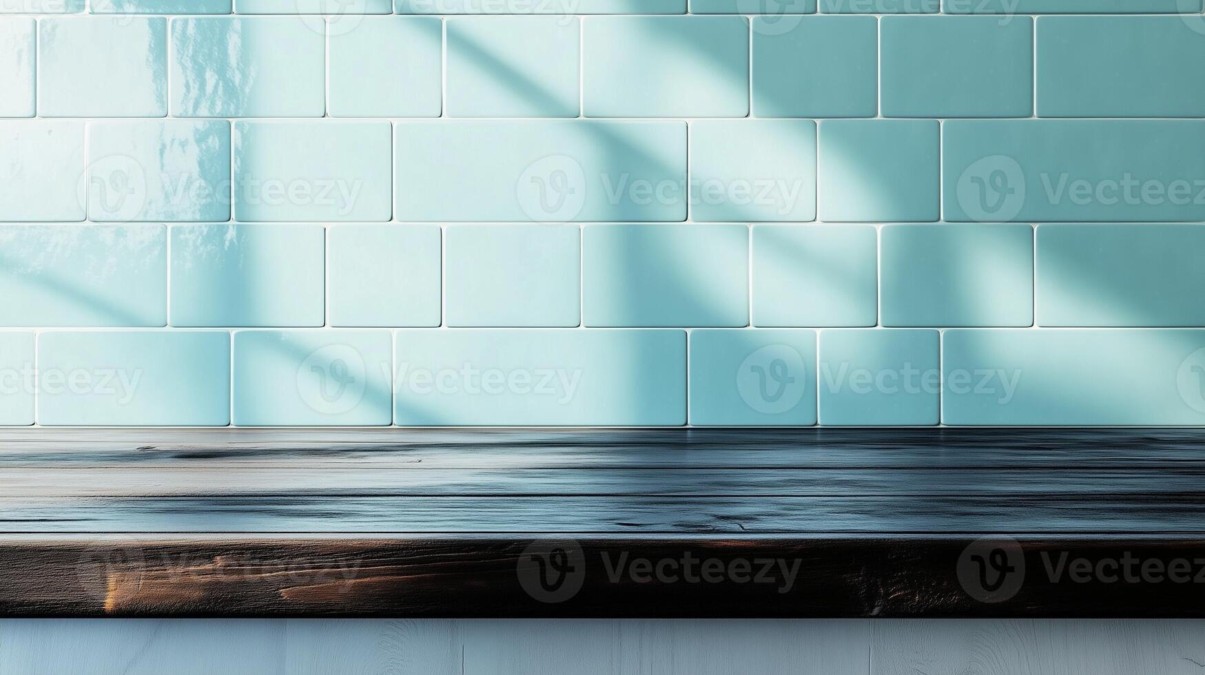 Copy space black wooden countertop, blue wall brick and kitchen decoration minimalist interior photo