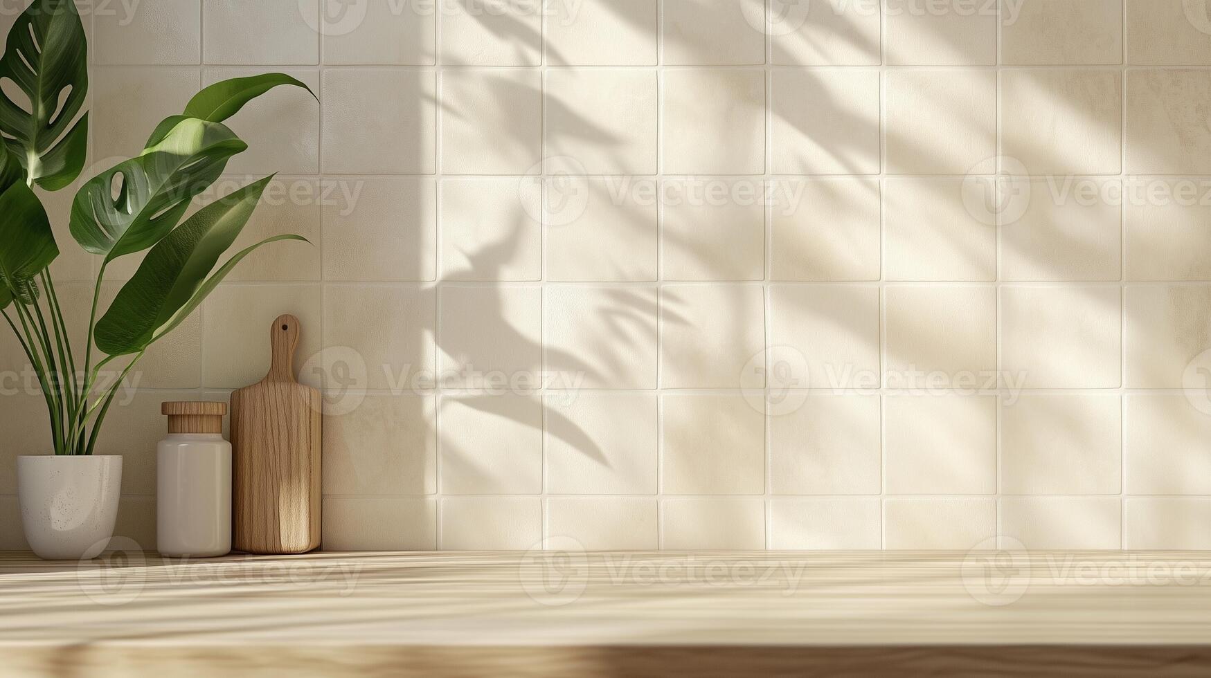 Copy space white wooden countertop, white wall brick and kitchen decoration minimalist interior photo