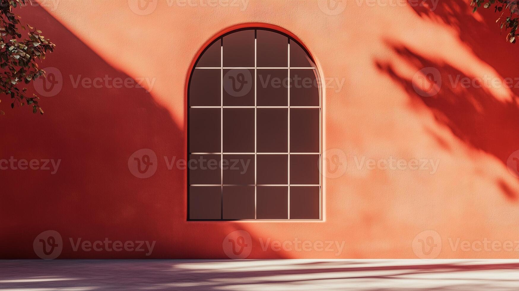 Aesthetic arch window shape on red wall with shadow leaves tree classing building architecture photo