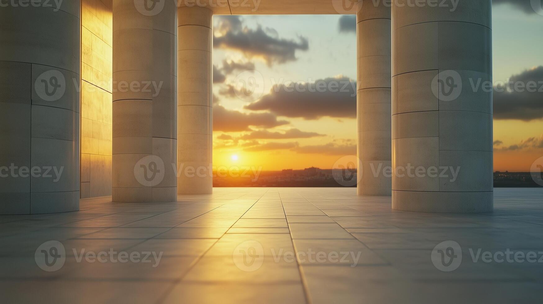 Stone columns concrete texture pillar classical building exterior with sunset sky photo