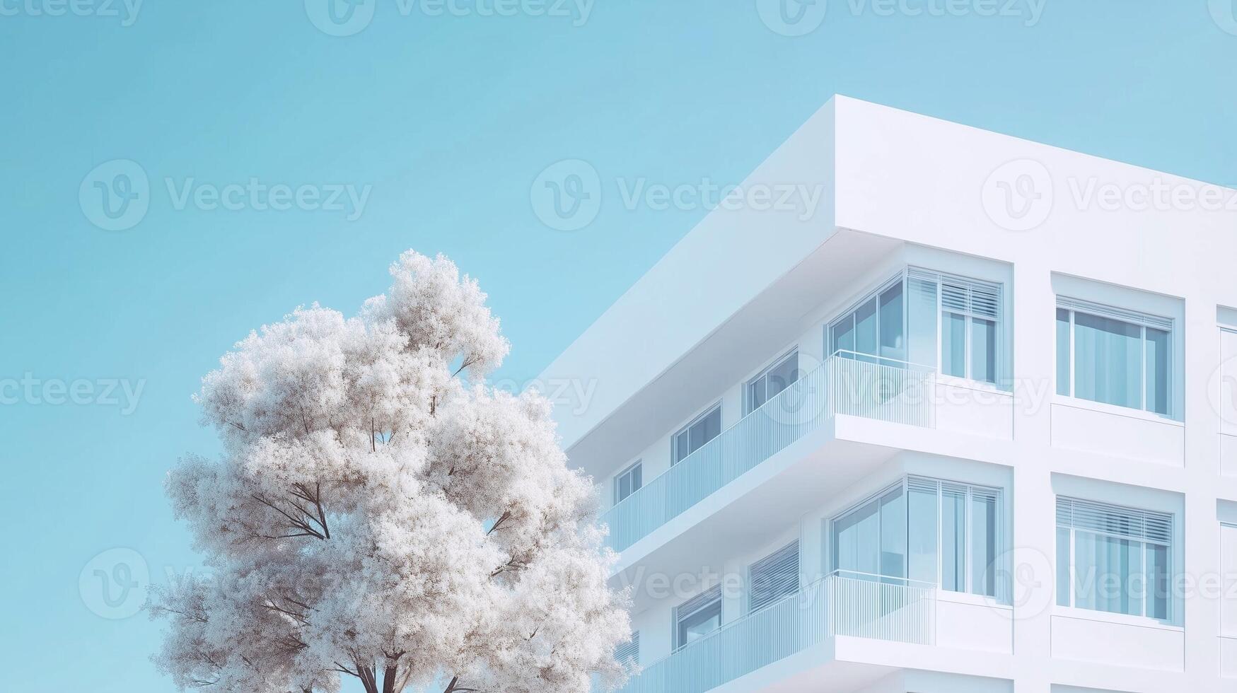 Simple minimal style modern pink building green tree tone and blue sky, bottom view photo