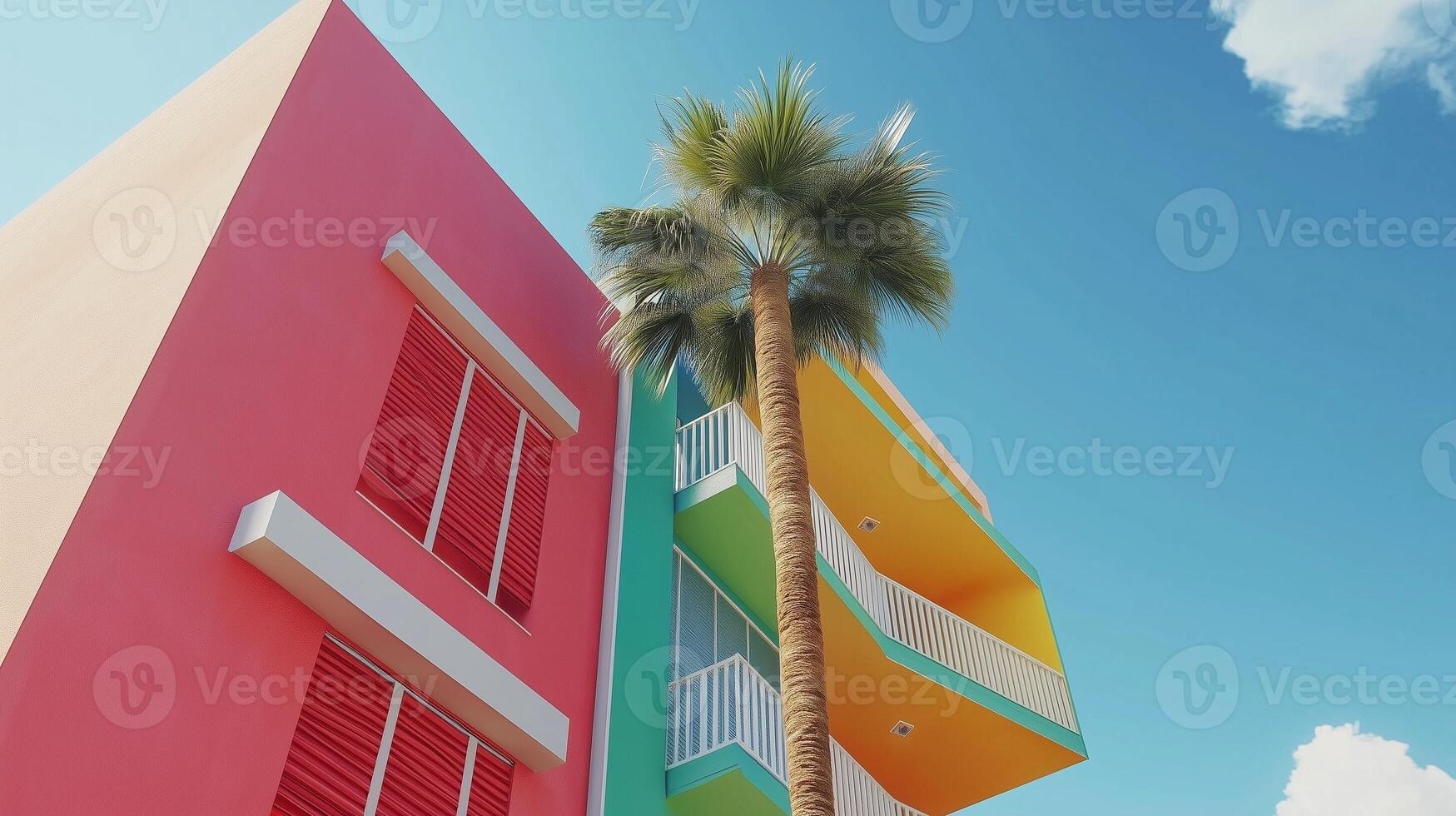 Simple minimal style modern building with colorful fresh tone, palm tree and blue sky, bottom view photo