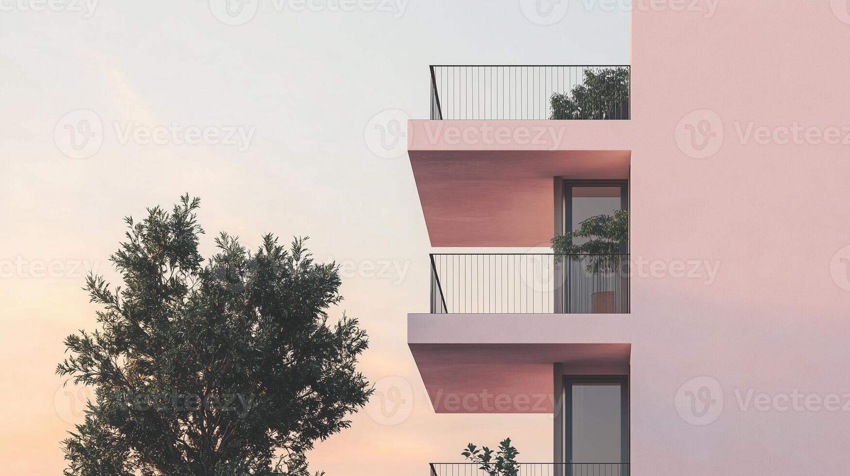 Simple minimal style modern white building white tree tone and blue sky, bottom view photo