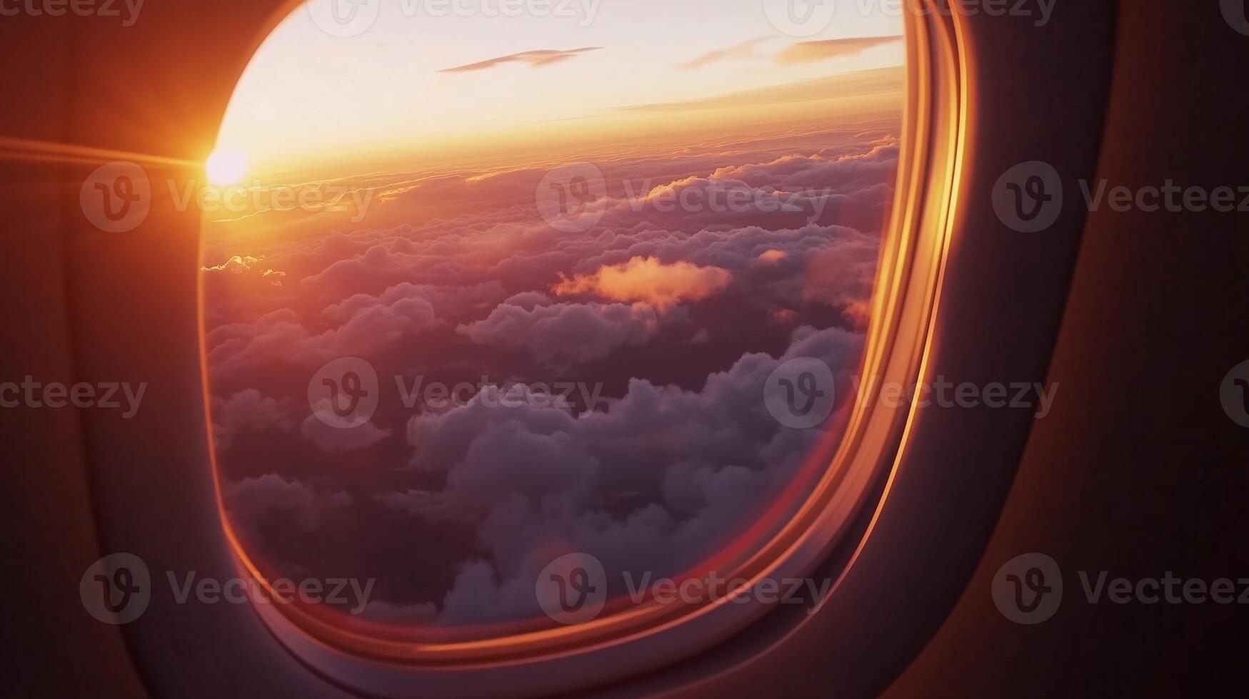 Plane window capturing breathtaking orange beauty view sunset from journey photo