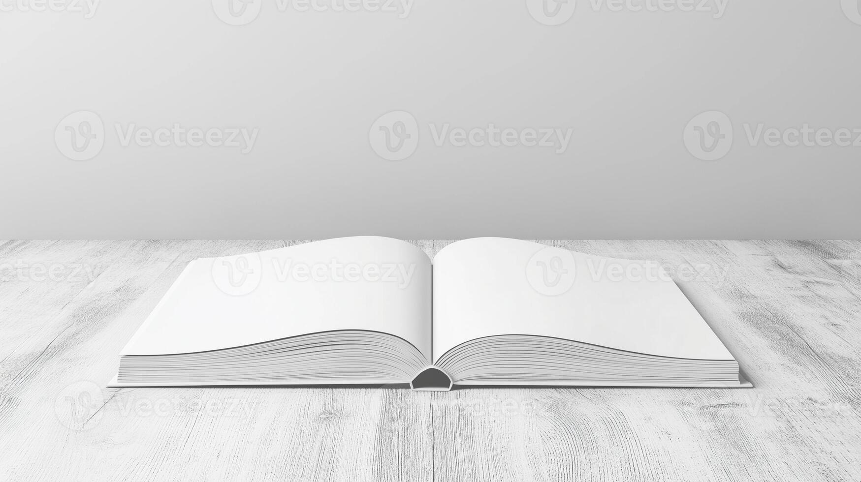 Open blank white paper book on wooden table side view copy space background photo
