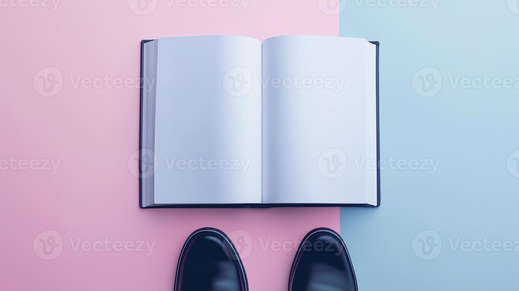 Blank white book open white paper and a pair black shoes top of view pink background photo