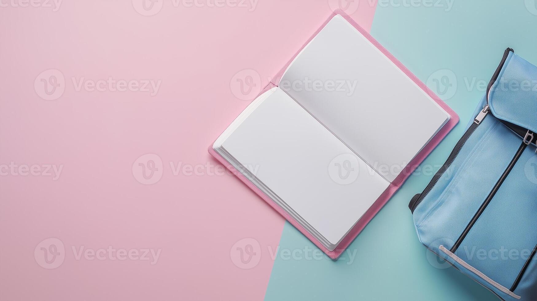 Blank white book open white school bag top of view copy space background photo