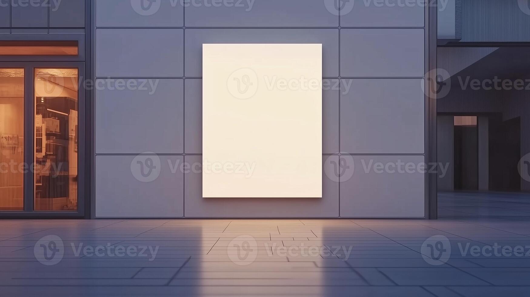 Mockup white blank board modern placard rectangle advertising in wall building for information photo