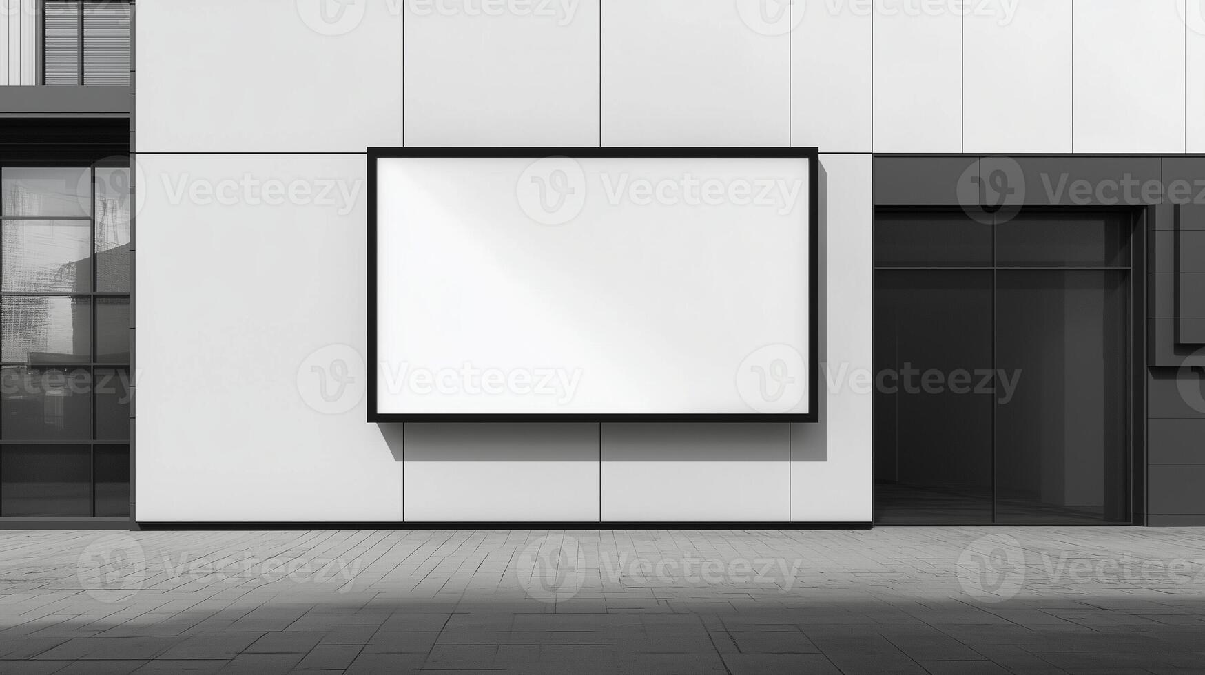 Mockup white blank board modern placard rectangle advertising in wall building for information photo