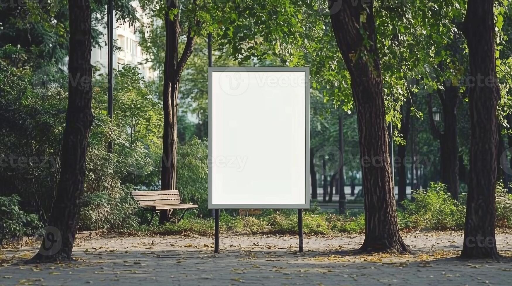 Mockup white blank board copy space for information and promotion in park with fresh green tree photo