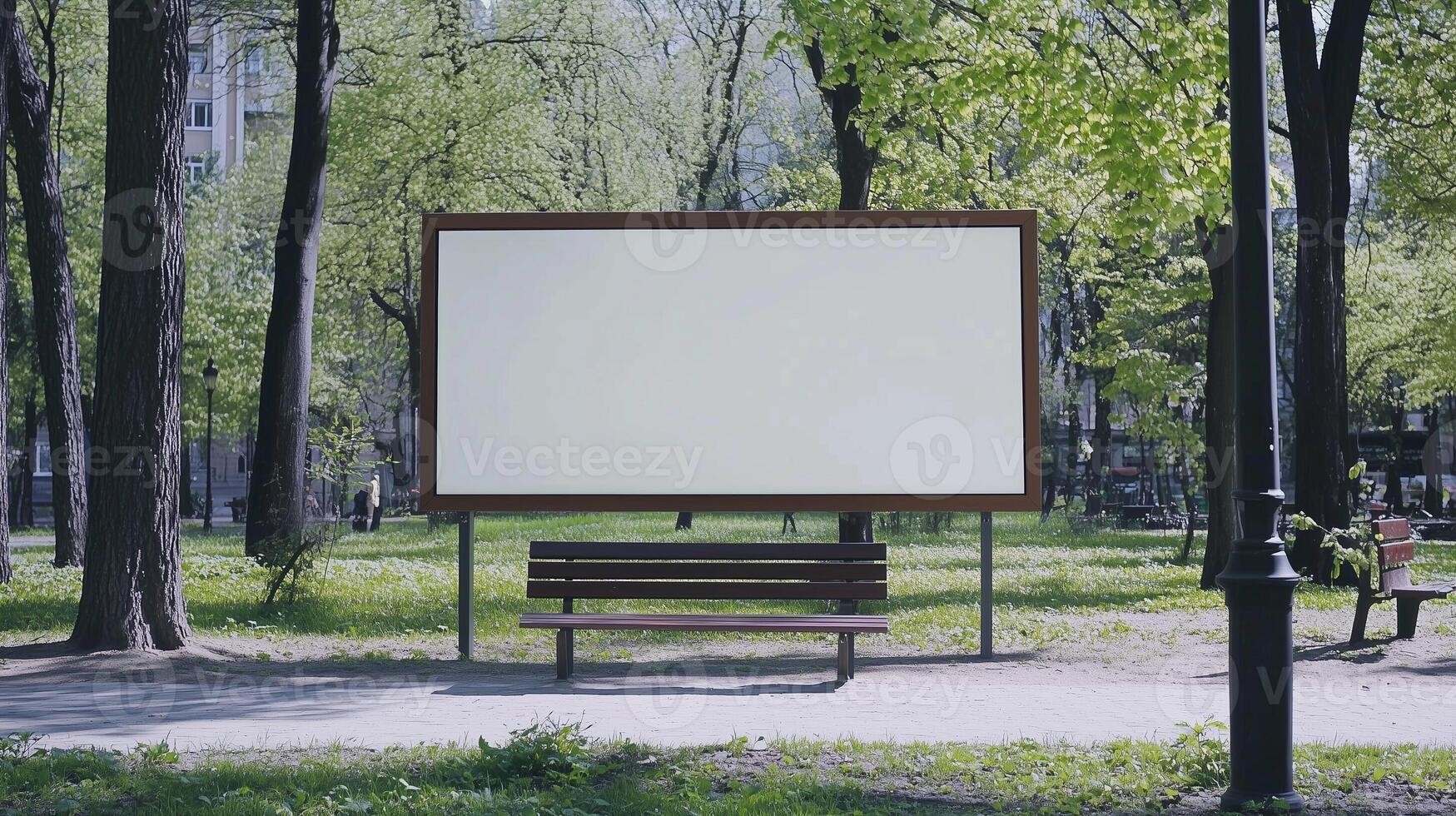 Mockup white blank board copy space for information in park with chair and green tree photo