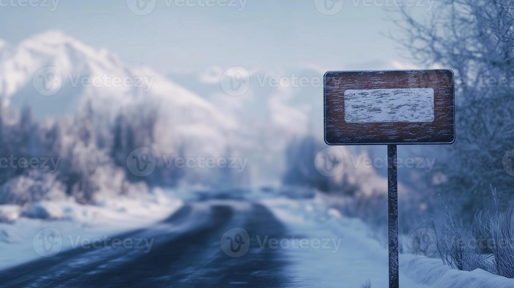 Wooden brown plank sign in winter road guiding direction of destination photo