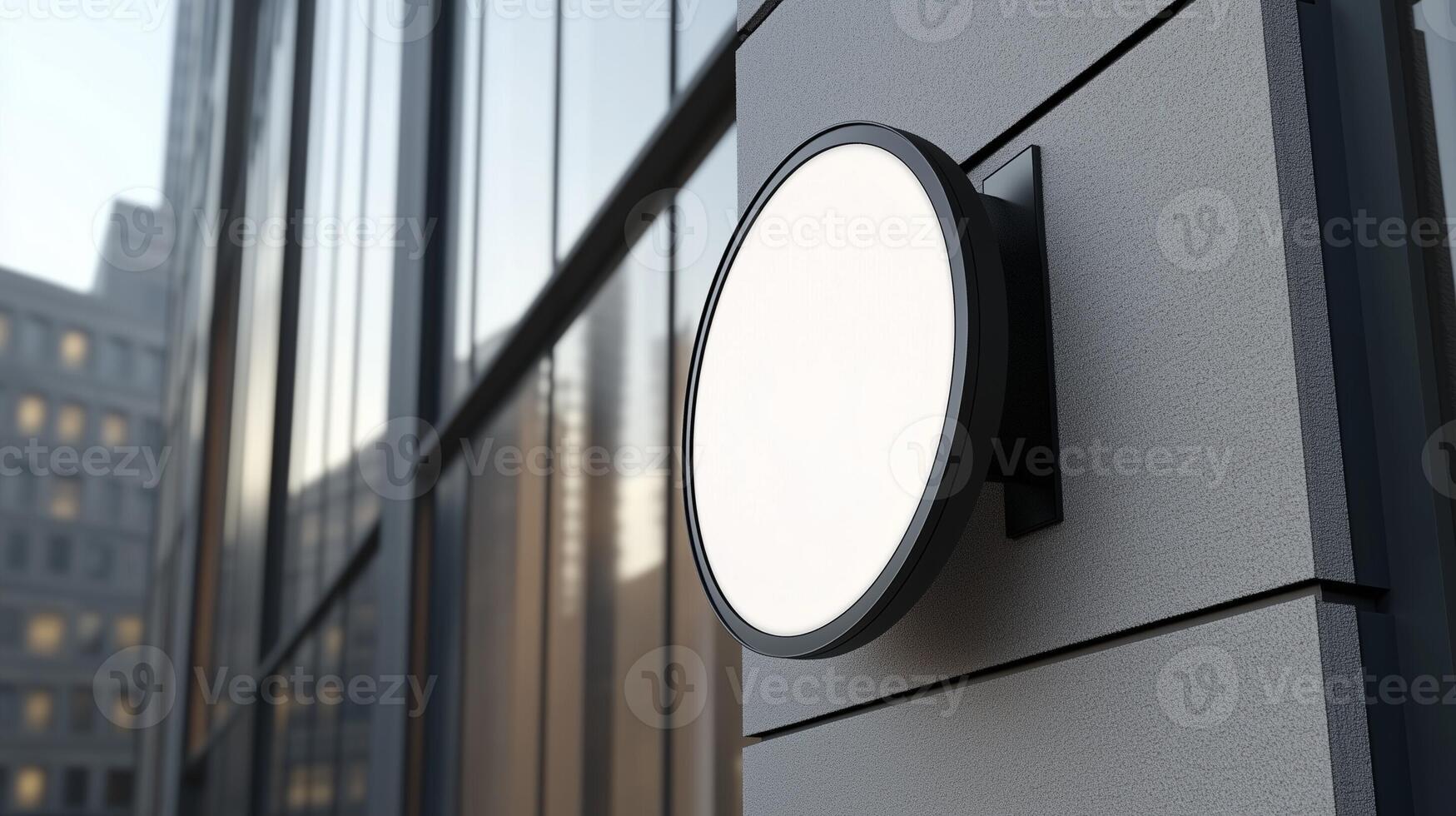 Mockup white and black frame circular signboard store display identity in wall building photo