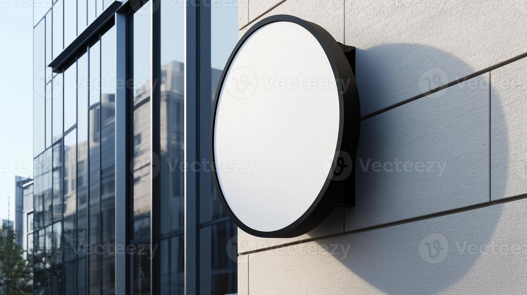 Mockup white and black frame circular signboard store display identity in wall building photo