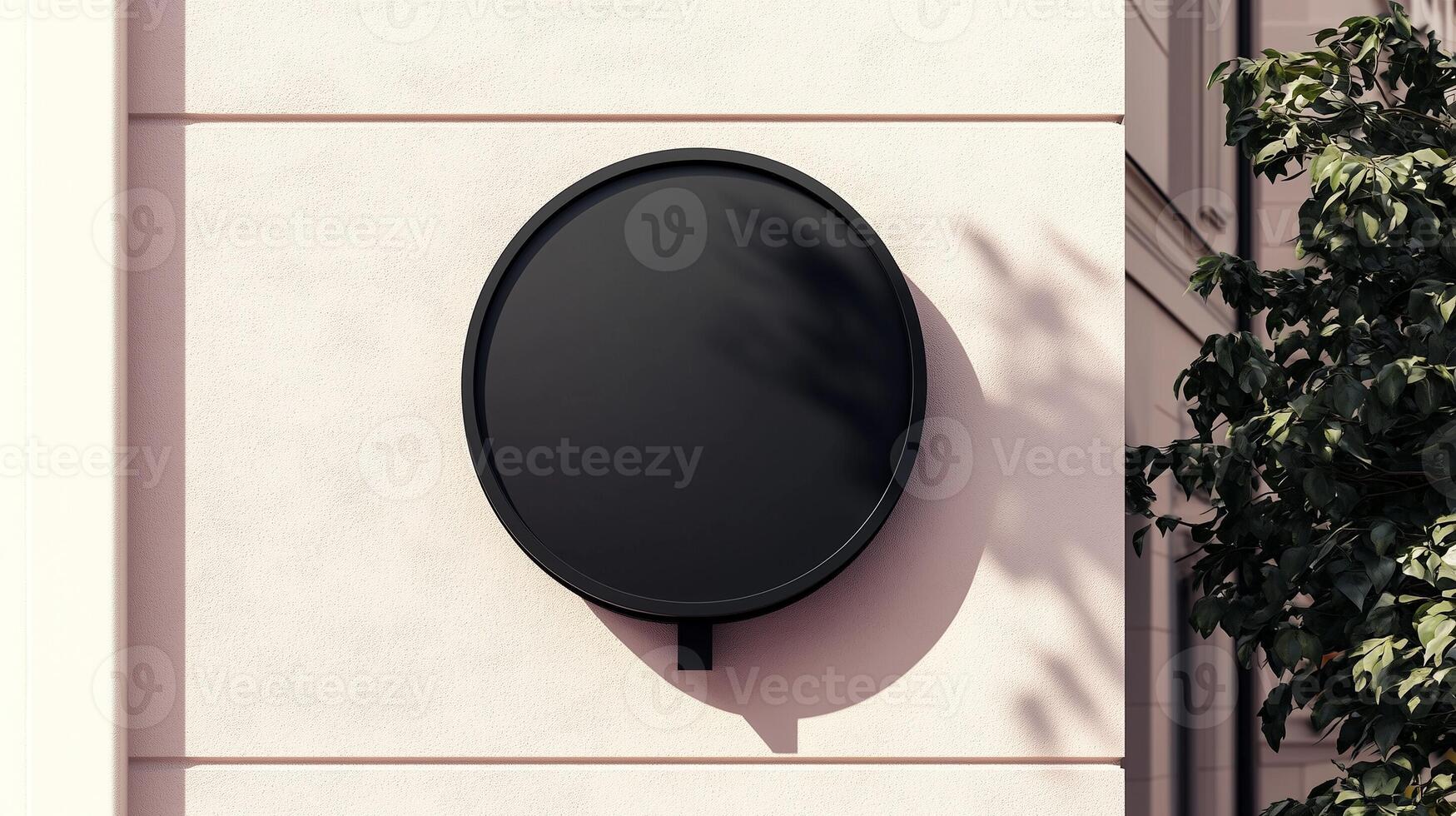 Mockup black frame circular signboard store display identity in wall building photo