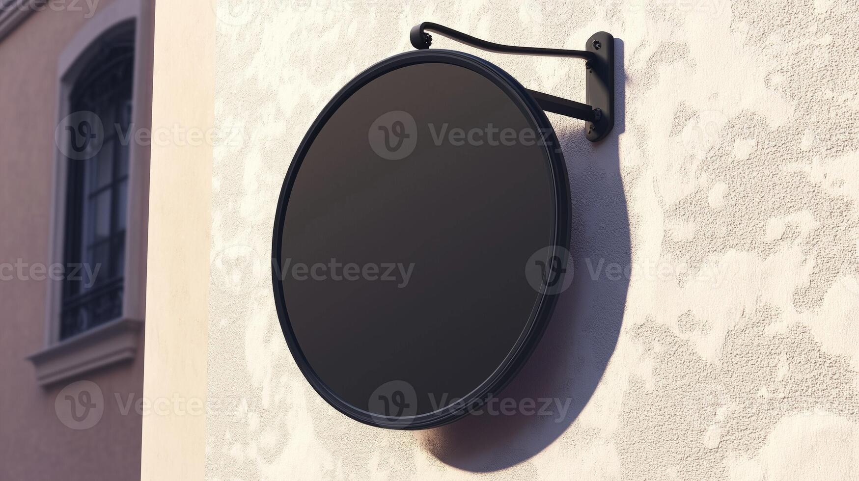 Mockup black frame circular signboard store display identity in wall building photo