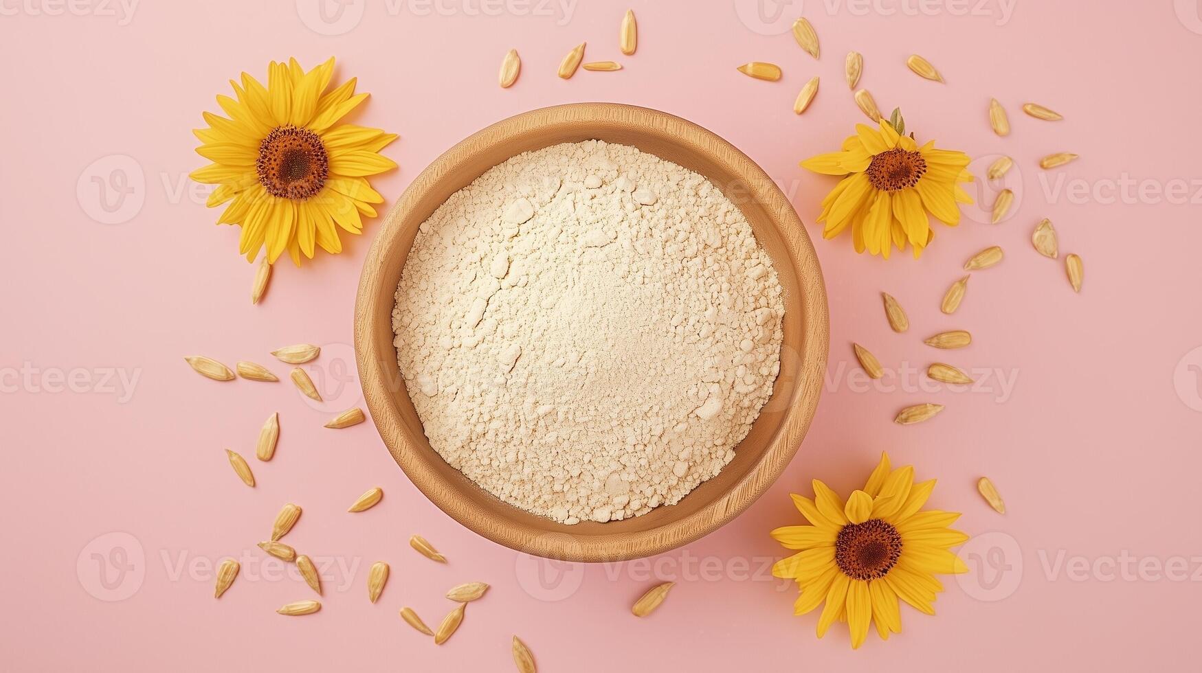 Sunflower flour on brown wooden bowl and some seeds for baking, gluten free copy space photo