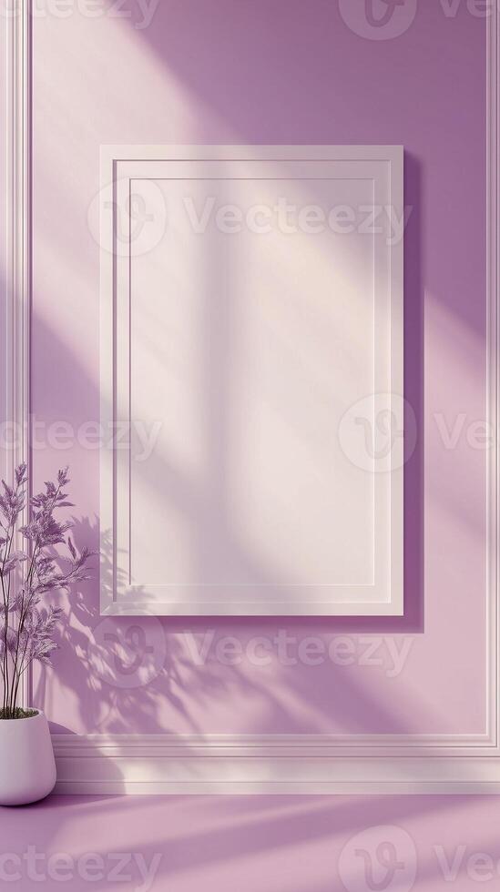 White blank frame mockup and purple wall and wooden floor living room story portrait background photo