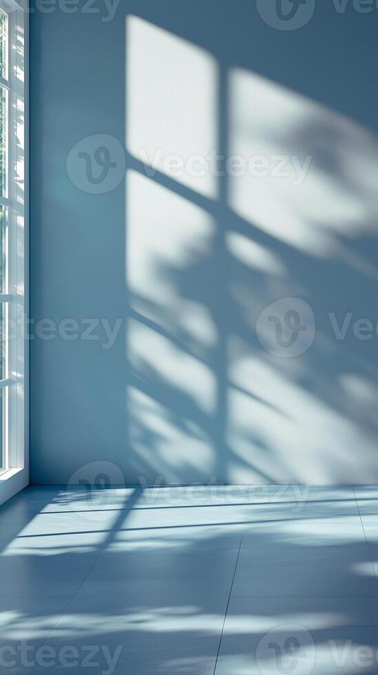 Blue wall with shadow sun light from window empty room minimalist story background photo