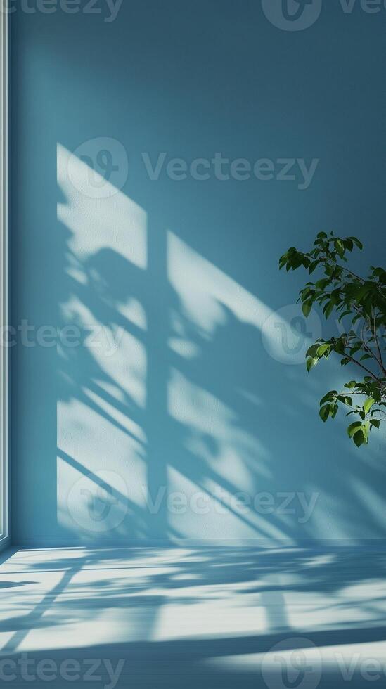 Blue wall with shadow sun light from window empty room minimalist story background photo