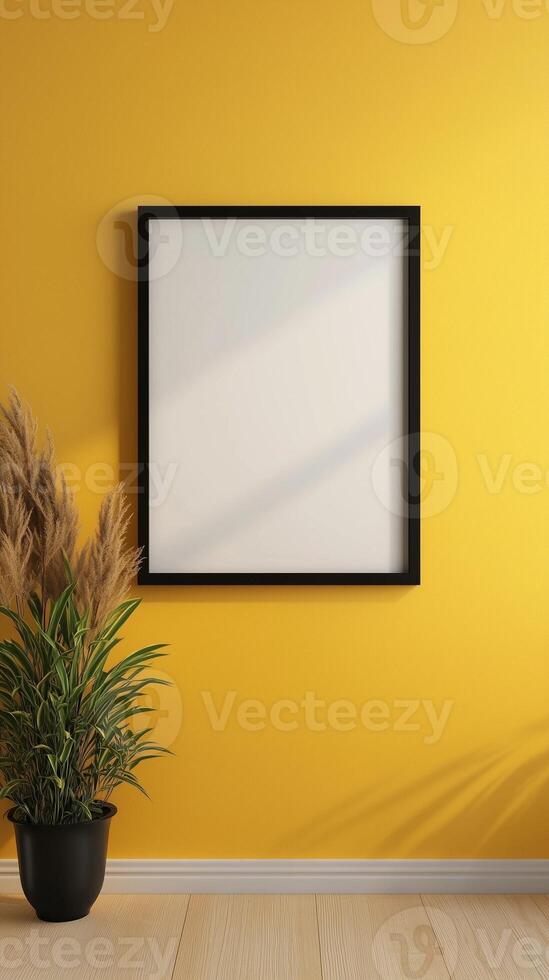 White blank frame mockup and yellow wall and wooden floor living room story portrait background photo