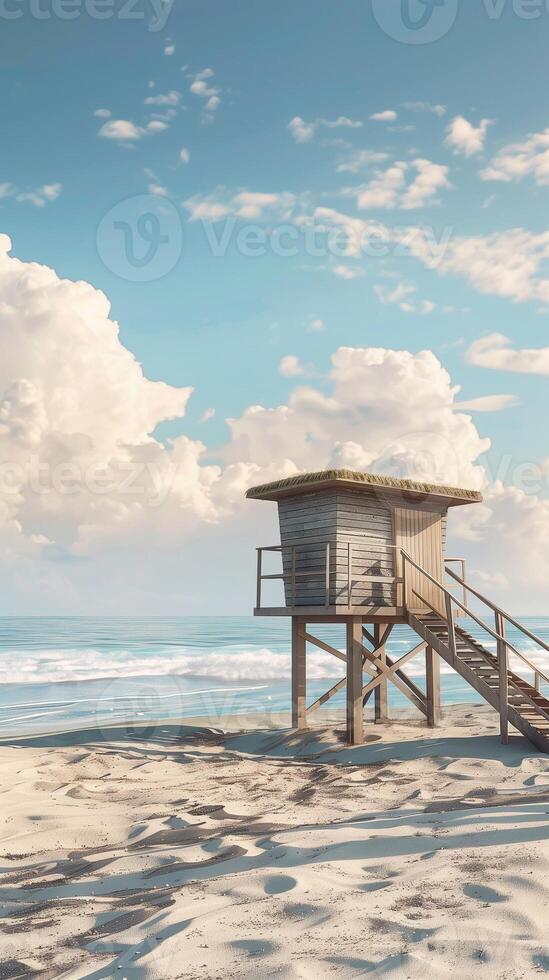 Lifeguard building tower on beach with blue sky and marine photo