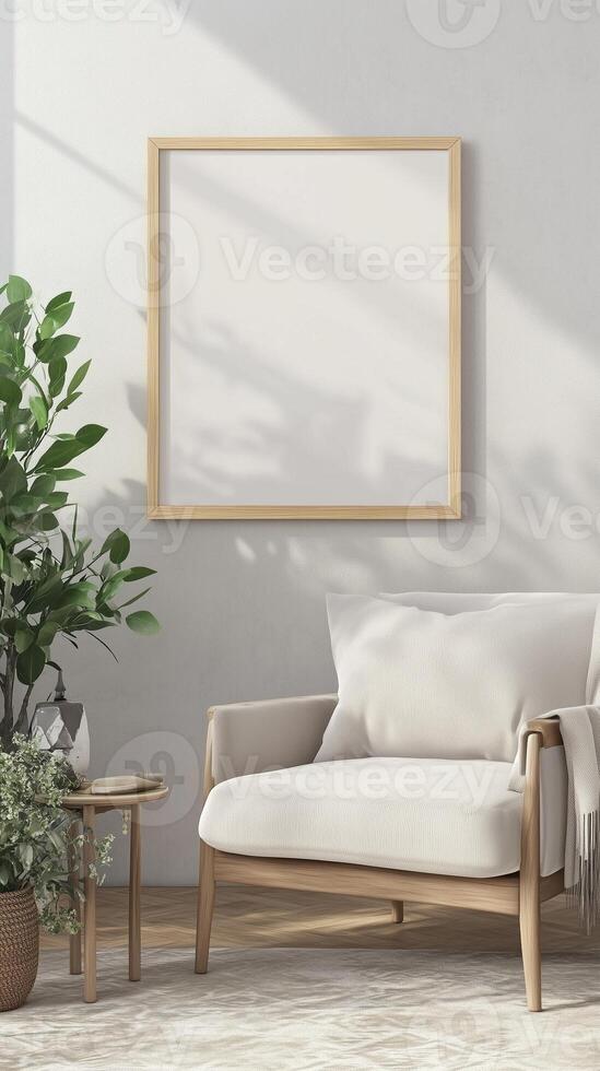 White blank frame mockup and whitewall and wooden floor living room story portrait background photo