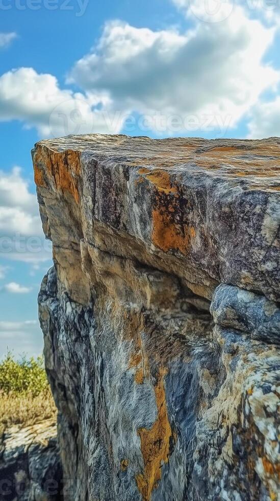 Edge rock cliff in mountain with blue sky and cloud vertical story nature background photo