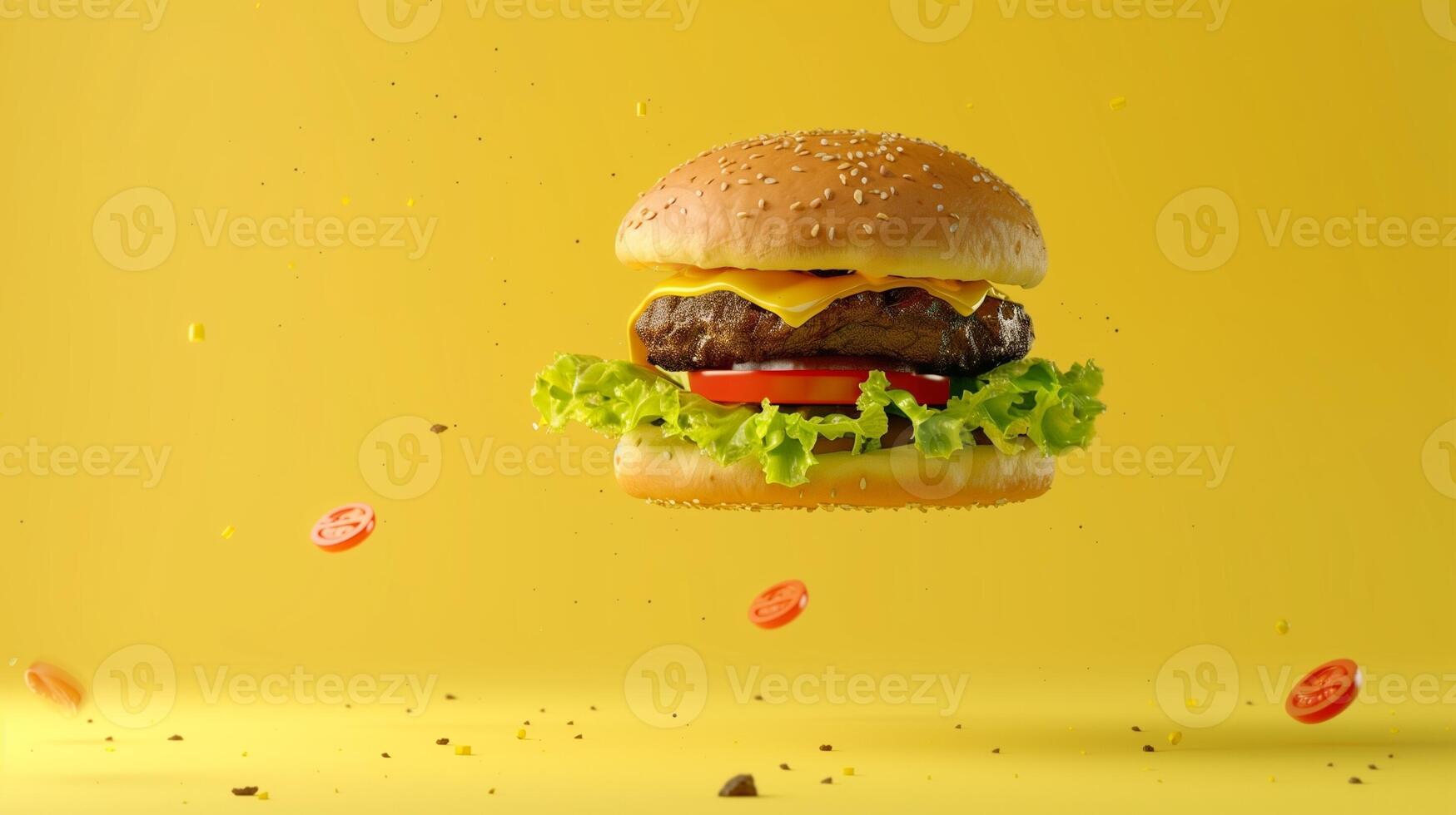 Burger flying with lettuce, cheese, beef, bun bread and chili on yellow background photo