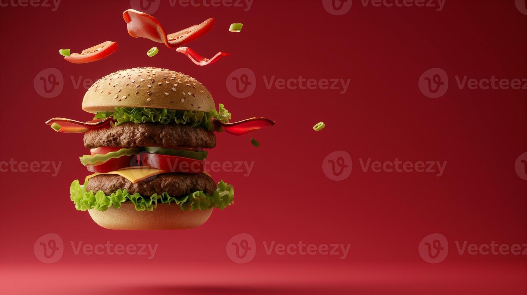 Burger flying with lettuce, cheese, beef, bun bread and chili on red background photo